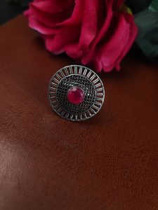Oxidized Silver Plated Round Stone Ring – Daily Wear Perfect Jewelry for Women - color: "Red"