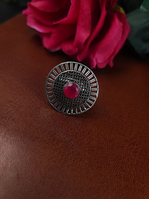 Oxidized silver plated round stone ring for women
