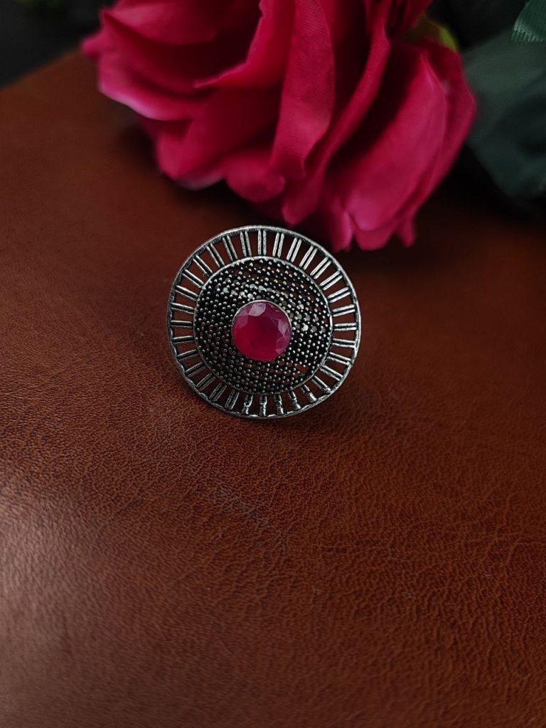 Bulk 828 Oxidized Silver Plated Round Stone Ring – Daily Wear Perfect Jewelry for Women - "Red"