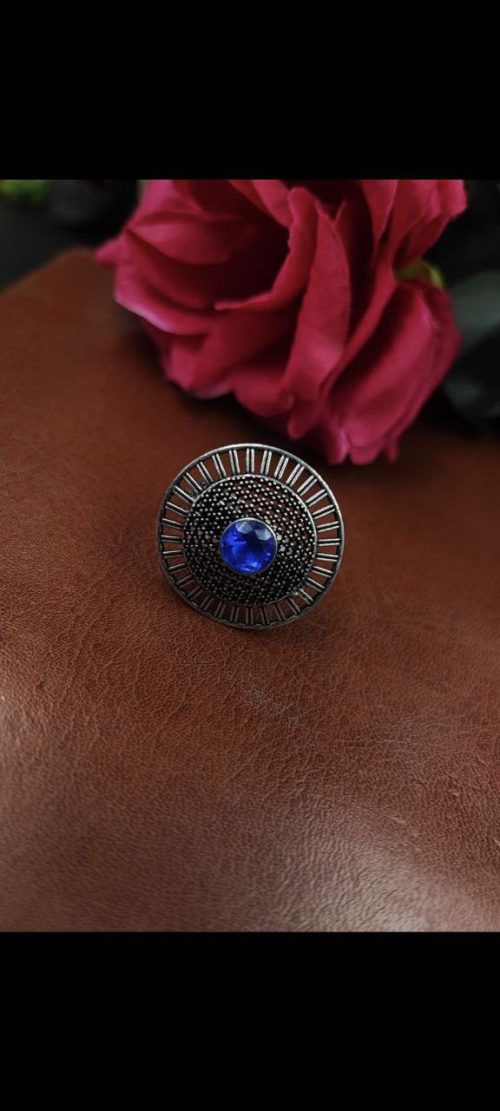 Oxidized silver plated round stone ring for women