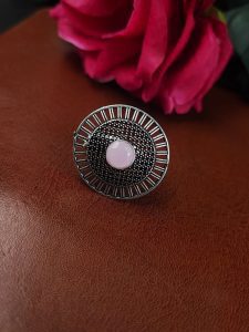 Oxidized Silver Plated Round Stone Ring – Daily Wear Perfect Jewelry for Women - color: "Baby Pink"