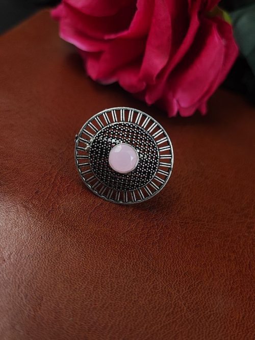 Oxidized silver plated round stone ring for women