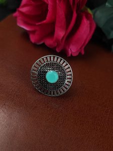 Oxidized Silver Plated Round Stone Ring – Daily Wear Perfect Jewelry for Women - color: "Mint"