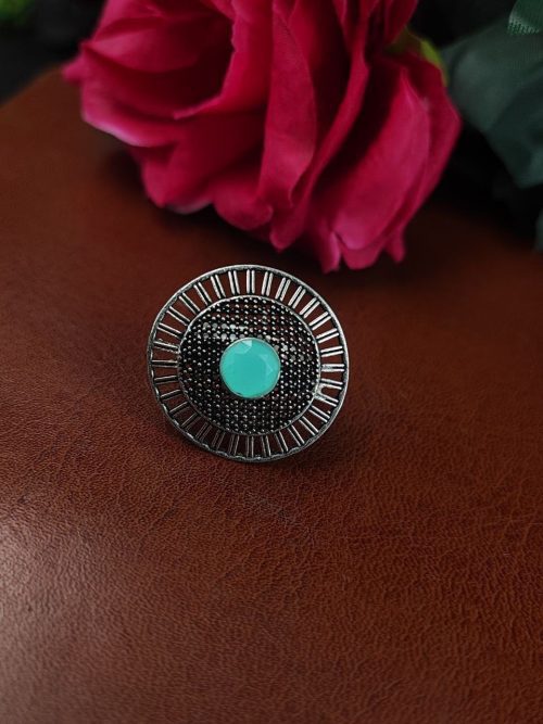 Oxidized silver plated round stone ring for women