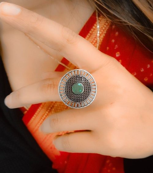 Oxidized silver plated round stone ring for women