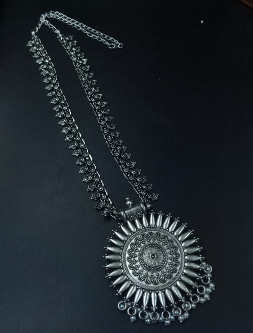 Traditional long necklace with pearl work and oxidized silver plating