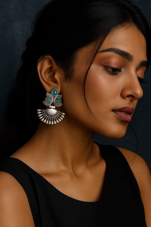 Oxidized Silver Plated Peacock Dangler Earrings | Best Traditional Ethnic Stone Detailing Jewelry
