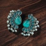 Silver Plated Western Style Earrings | Antique Oxidized Stone & Pearl Detailing Best Ethnic Jewelry - "Mint"