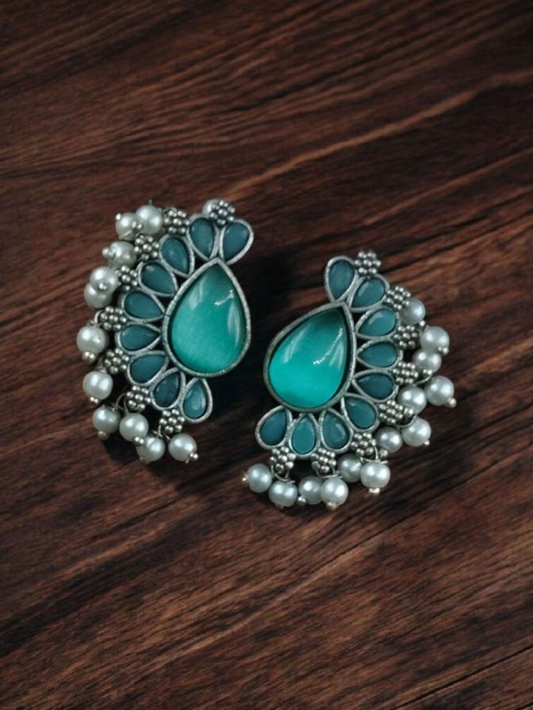 Bulk 820 Silver Plated Western Style Earrings | Antique Oxidized Stone & Pearl Detailing Best Ethnic Jewelry - "Mint"