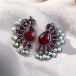 Bulk 358 Silver Plated Western Style Earrings | Antique Oxidized Stone & Pearl Detailing Best Ethnic Jewelry - "Red"