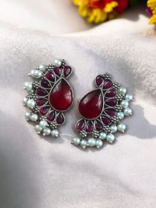 Silver Plated Western Style Earrings | Antique Oxidized Stone & Pearl Detailing Best Ethnic Jewelry - color: "Red"