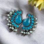 Bulk 356 Silver Plated Western Style Earrings | Antique Oxidized Stone & Pearl Detailing Best Ethnic Jewelry - "Aqua"