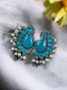 Silver Plated Western Style Earrings | Antique Oxidized Stone & Pearl Detailing Best Ethnic Jewelry - color: "Aqua"