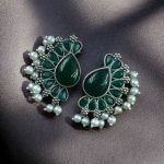 Silver Plated Western Style Earrings | Antique Oxidized Stone & Pearl Detailing Best Ethnic Jewelry - "Green"