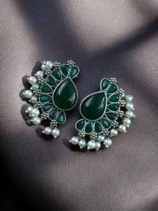 Silver Plated Western Style Earrings | Antique Oxidized Stone & Pearl Detailing Best Ethnic Jewelry - color: "Green"