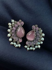 Silver Plated Western Style Earrings | Antique Oxidized Stone & Pearl Detailing Best Ethnic Jewelry - color: "Baby Pink"