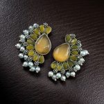 Bulk 360 Silver Plated Western Style Earrings | Antique Oxidized Stone & Pearl Detailing Best Ethnic Jewelry - "Yellow"