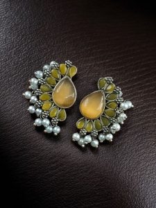 Silver Plated Western Style Earrings | Antique Oxidized Stone & Pearl Detailing Best Ethnic Jewelry - color: "Yellow"