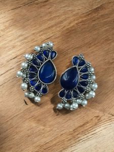 Silver Plated Western Style Earrings | Antique Oxidized Stone & Pearl Detailing Best Ethnic Jewelry - color: "Blue"