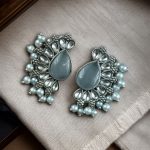 Bulk 362 Silver Plated Western Style Earrings | Antique Oxidized Stone & Pearl Detailing Best Ethnic Jewelry - "Grey"
