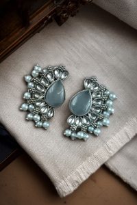 Silver Plated Western Style Earrings | Antique Oxidized Stone & Pearl Detailing Best Ethnic Jewelry - color: "Grey"