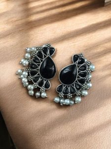 Silver Plated Western Style Earrings | Antique Oxidized Stone & Pearl Detailing Best Ethnic Jewelry - color: "Black"