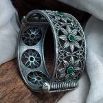 Traditional Oxidized Unique Flower Design Bangle | Silver Replica Ethnic Jewelry for Women - "Green"