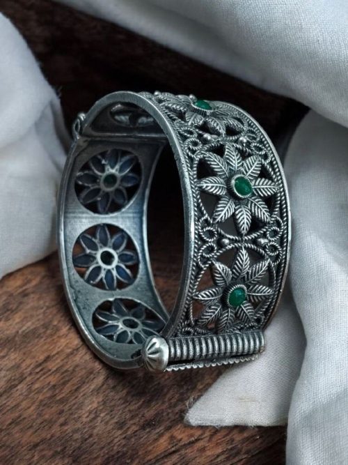 Oxidized flower design silver replica bangle for women