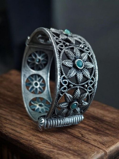 Oxidized flower design silver replica bangle for women