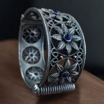 Traditional Oxidized Unique Flower Design Bangle | Silver Replica Ethnic Jewelry for Women - "Blue"