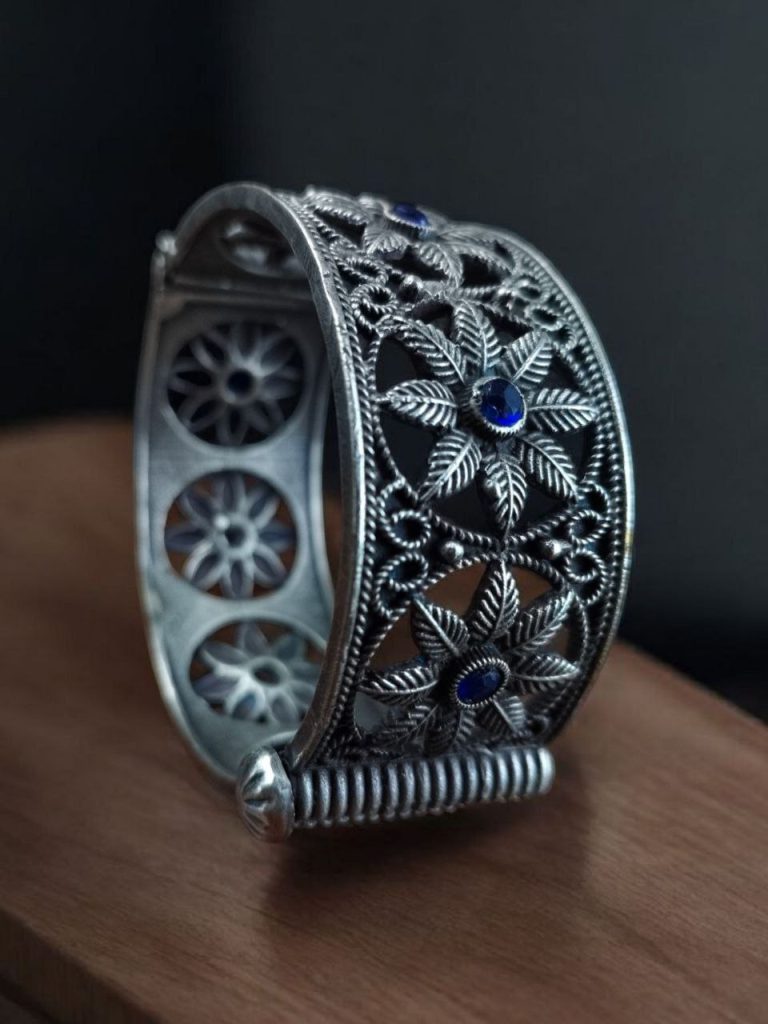 Bulk 818 Traditional Oxidized Unique Flower Design Bangle | Silver Replica Ethnic Jewelry for Women - "Blue"