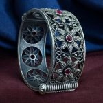 Traditional Oxidized Unique Flower Design Bangle | Silver Replica Ethnic Jewelry for Women - "Red"