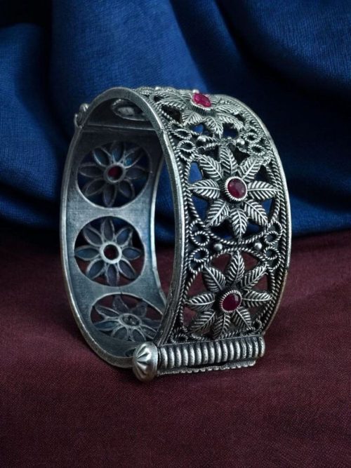 Oxidized flower design silver replica bangle for women