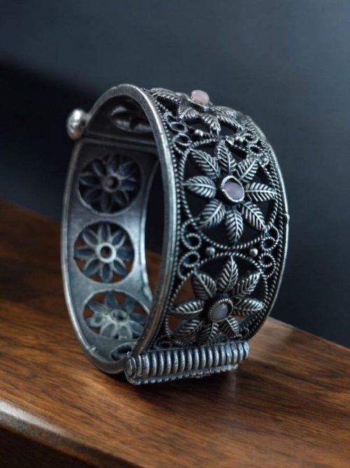 Oxidized flower design silver replica bangle for women