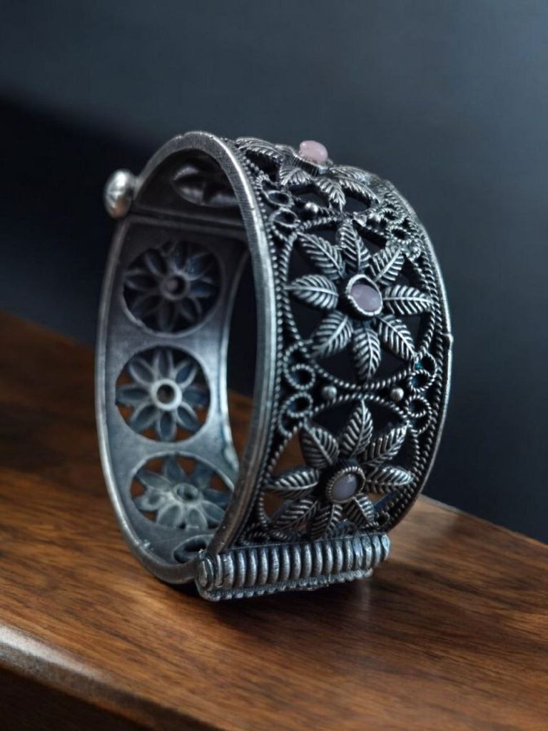 Bulk 816 Traditional Oxidized Unique Flower Design Bangle | Silver Replica Ethnic Jewelry for Women - "Baby Pink"