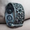 Oxidized flower design silver replica bangle for women