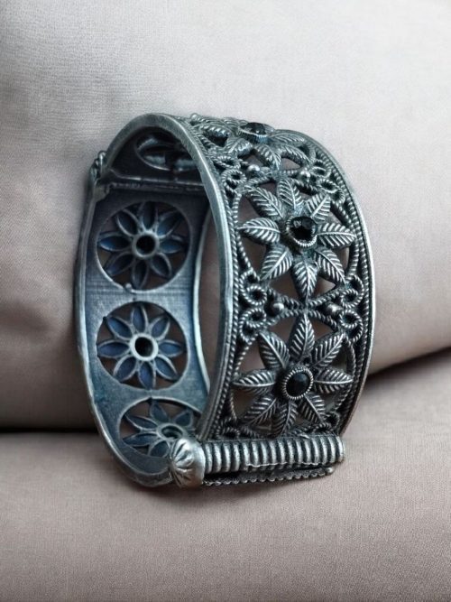 Oxidized flower design silver replica bangle for women