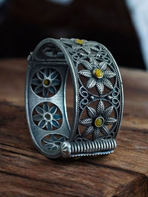 Oxidized flower design silver replica bangle for women