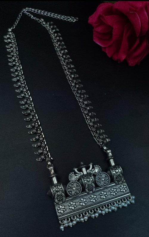 Oxidized silver peacock necklace with pearls and floral design