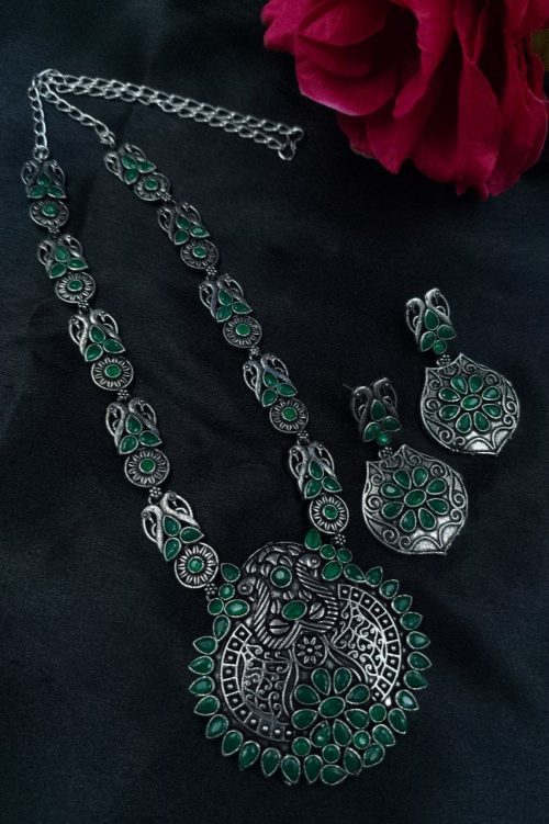 Antique silver plated peacock necklace with colorful stones
