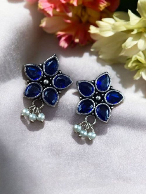 Ethnic flower stud earrings with pearl and stone detailing