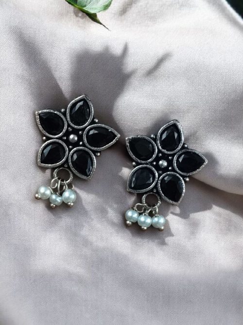 Ethnic flower stud earrings with pearl and stone detailing