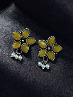 Ethnic flower stud earrings with pearl and stone detailing