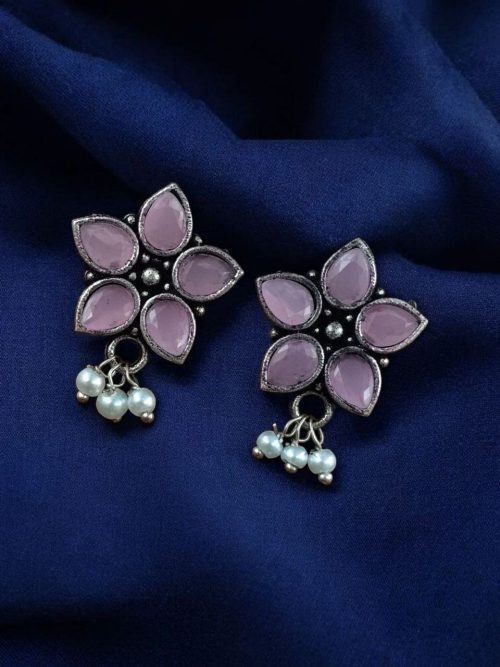 Ethnic flower stud earrings with pearl and stone detailing