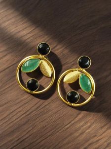 Gold Plated Leaf & Circle Design Earrings with Monalisa Stone – Ethnic & Western Look Amazing Jewelry - color: "Black-Mint"