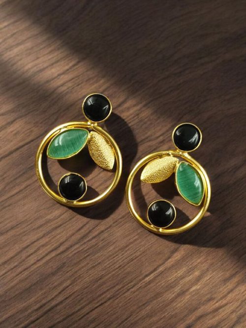 Gold plated leaf and circle earrings with Monalisa stone