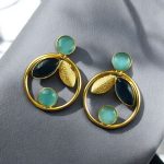 Gold Plated Leaf & Circle Design Earrings with Monalisa Stone – Ethnic & Western Look Amazing Jewelry - "Aqua-Blue"