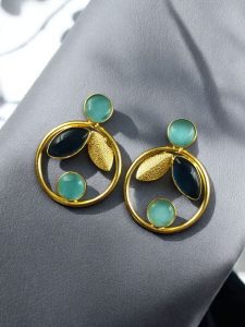 Gold Plated Leaf & Circle Design Earrings with Monalisa Stone – Ethnic & Western Look Amazing Jewelry - color: "Aqua-Blue"