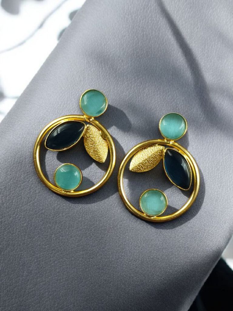 Bulk 794 Gold Plated Leaf & Circle Design Earrings with Monalisa Stone – Ethnic & Western Look Amazing Jewelry - "Aqua-Blue"