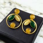 Gold Plated Leaf & Circle Design Earrings with Monalisa Stone – Ethnic & Western Look Amazing Jewelry - "Yellow-Green"